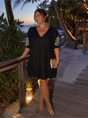 Halston Resortcore Linen Blend Palm Embroidered Puff Sleeve Dress Size Large